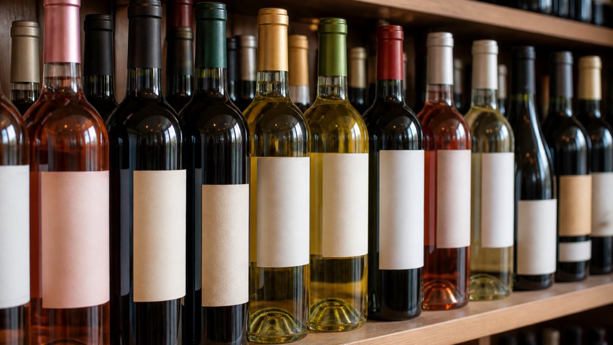 Close-up of bottles from different Portuguese wine regions arranged on a wooden shelf, with wine labels clearly visible and natural light highlighting the colours of red, white, and rosé wines