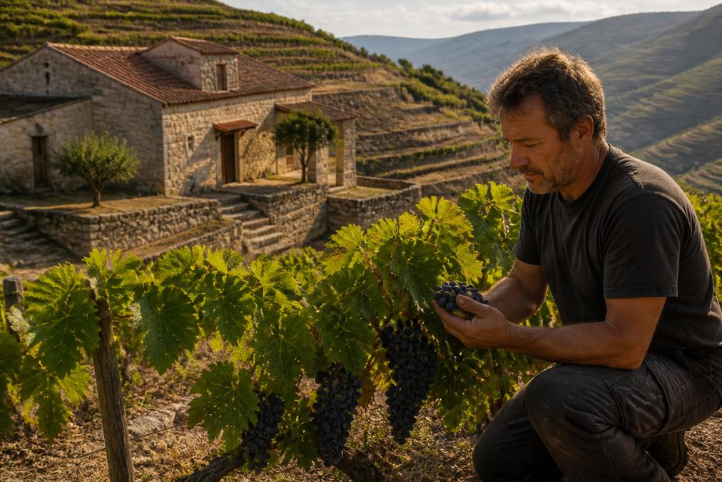 Weathered stone winery building nestled in terraced vineyards on a Portuguese hillside, vines heavy with grapes at harvest time, winemaker in work clothes examining grape clusters in golden afternoon light