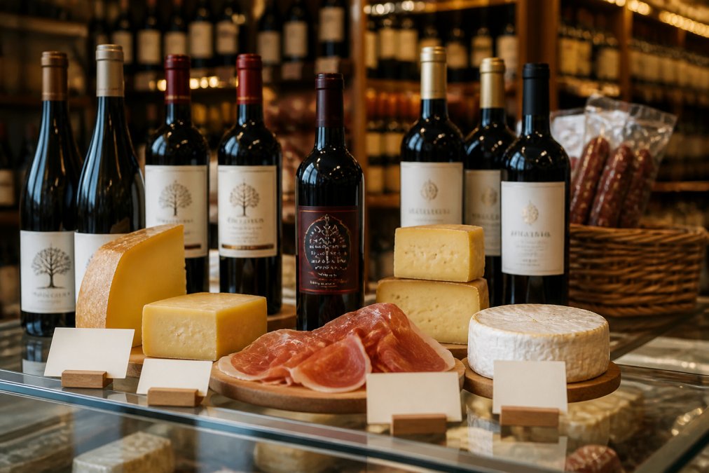 Deli counter display with bottles of premium Portuguese and Italian wines arranged beside blocks of aged cheddar, creamy brie, and cured Italian prosciutto, warm shop lighting highlighting the products, small tasting cards describing each pairing