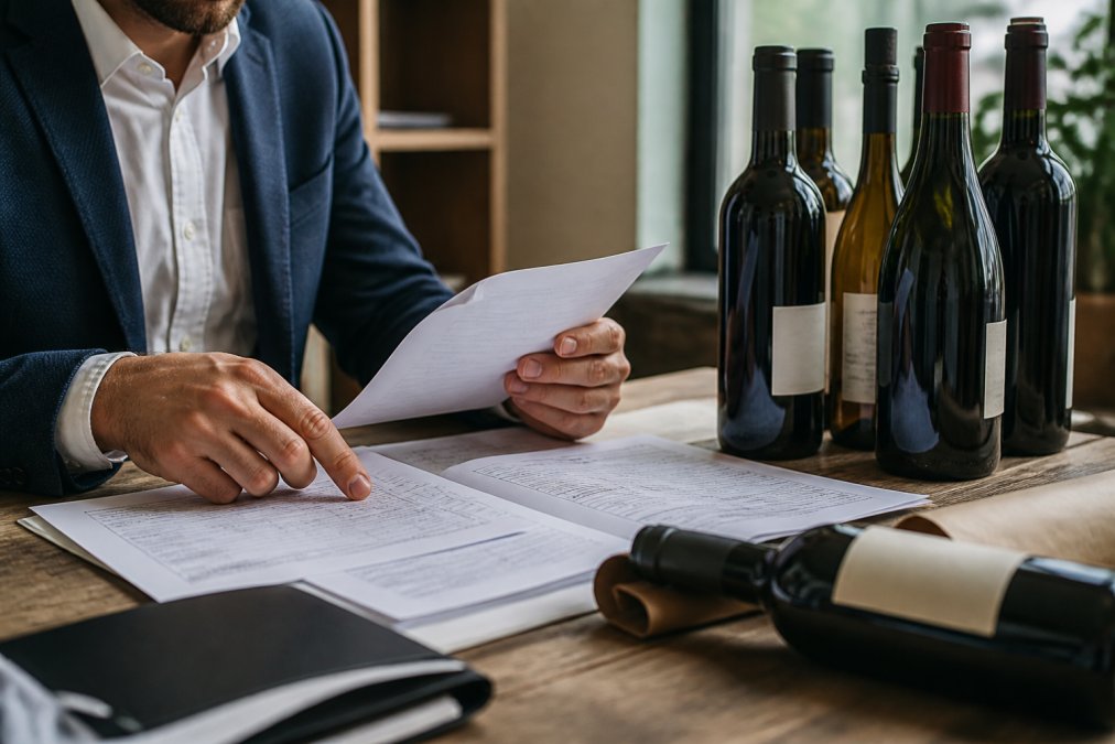 Close-up of hands reviewing wine import documentation, invoices, and labels on a desk with Italian wine bottles nearby, natural office lighting
