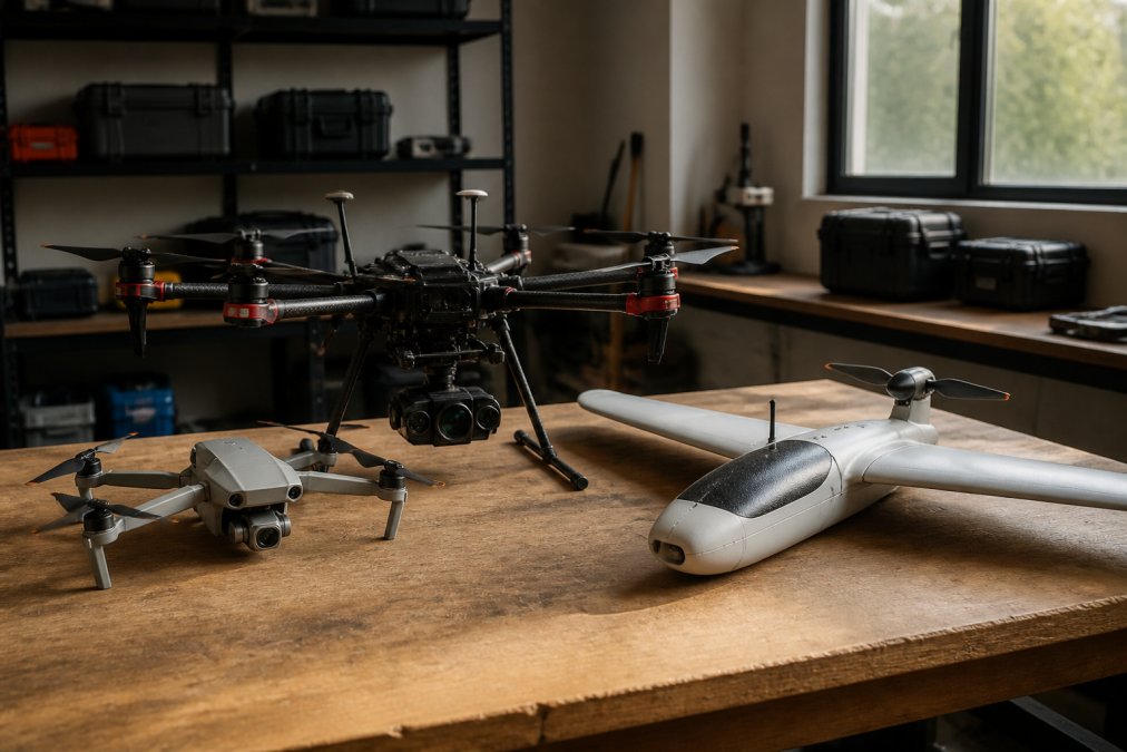 Close-up of three different drone models displayed on a wooden workbench, showing a compact quadcopter with gimbal-mounted camera, a larger hexacopter with multiple sensor payloads, and a fixed-wing drone with extended wingspan, afternoon natural lighting from side window