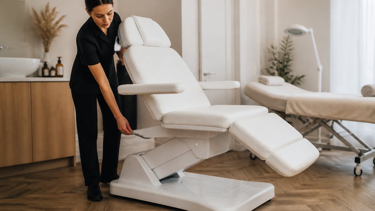 Esthetician adjusting the hydraulic height and reclining backrest of a professional spa treatment chair