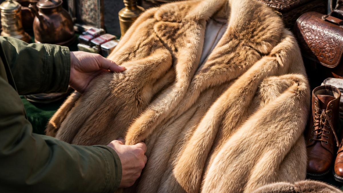 Hands carefully examining vintage fur coat at flea market stall, natural lighting showing fur texture and quality, various vintage items visible in background