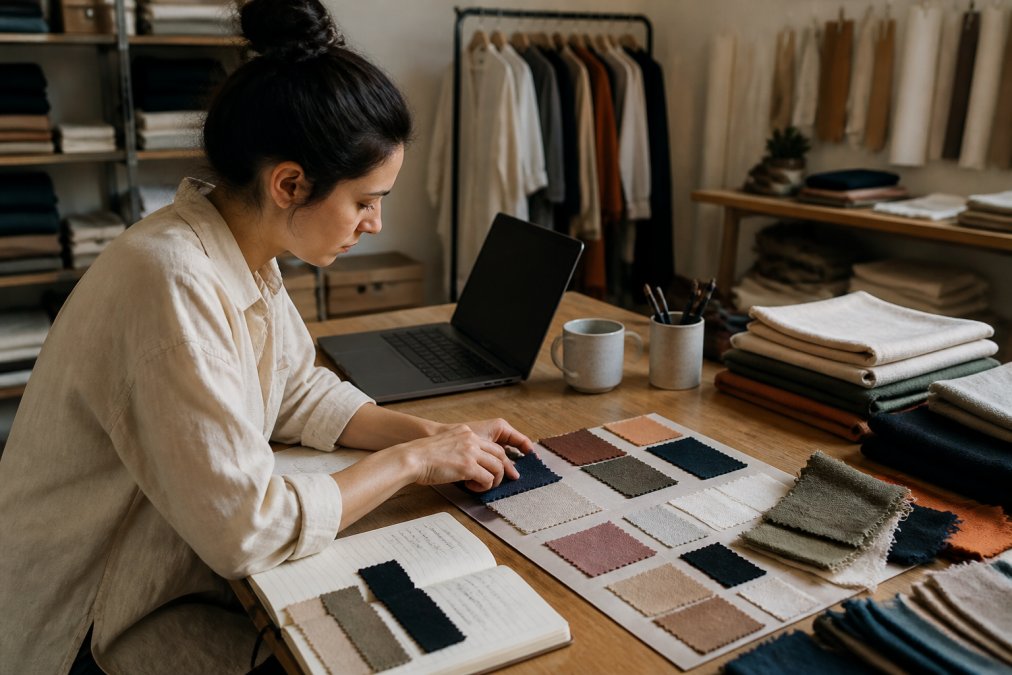 A small fashion designer in a home studio reviewing fabric swatches spread across a wooden table, with a laptop showing a supplier website and a notebook of fabric specifications nearby