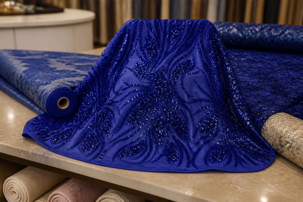 Premium fabric bolts and textile samples displayed on a polished table, showing rich textures including iridescent sequins, damask patterns, and beaded lace under bright professional studio lighting
