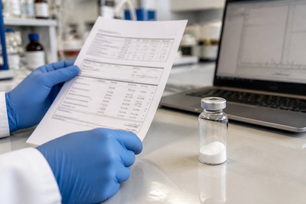 Close-up of a scientist's gloved hands holding a printed Certificate of Analysis next to a vial of lyophilized peptide powder on a laboratory bench, with a laptop showing analytical software in the background
