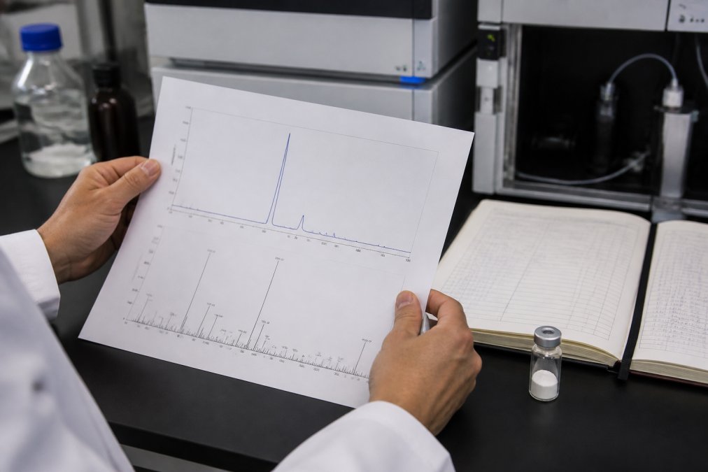 A close-up of a researcher's hands holding a printed chromatography report next to a laboratory notebook and a vial of lyophilized peptide powder on a clean lab bench