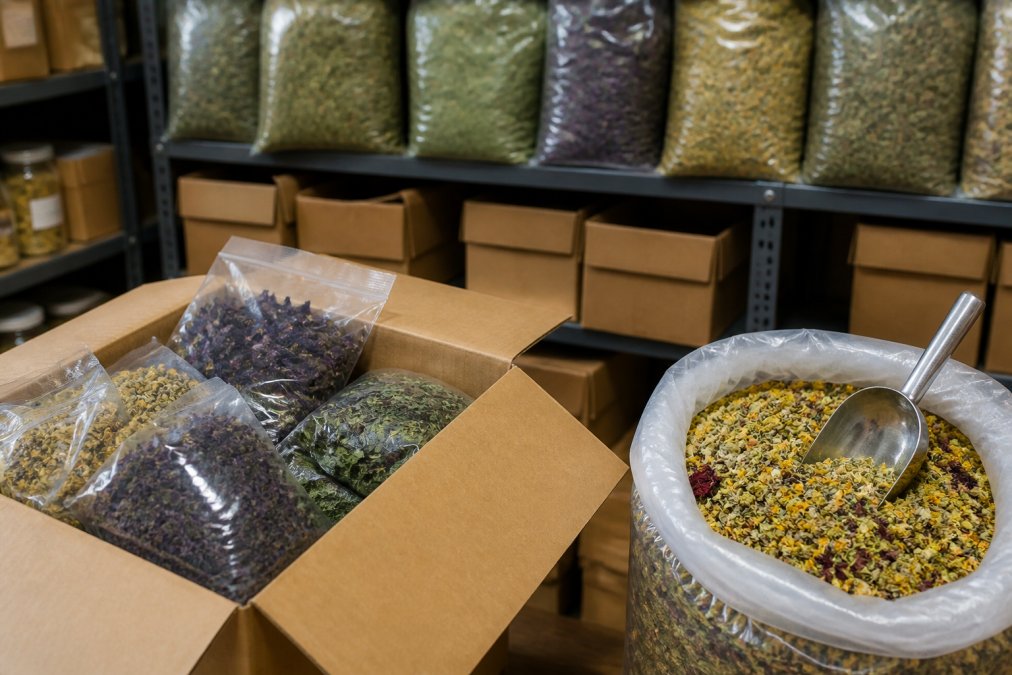 Assorted dried herbs and tea blends arranged in glass jars for wholesale herbal teas display