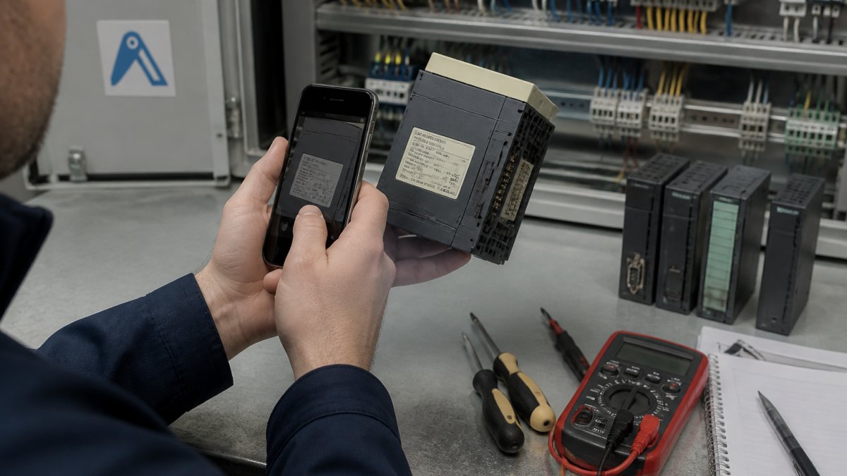 Technician photographing a PLC nameplate to identify parts for legacy automation maintenance