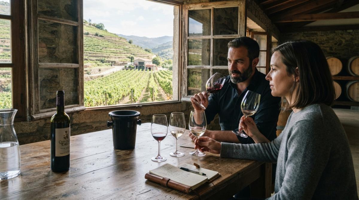 Close-up of wine being poured into a glass with vineyard landscape visible through a window, showcasing the connection between bottle and terroir