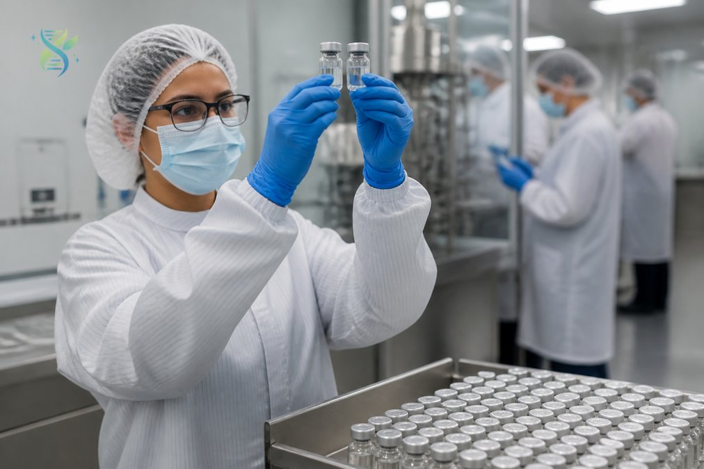Laboratory technician in protective equipment and sterile gown examining clear peptide vials under bright lighting in a modern pharmaceutical manufacturing facility with visible quality control stations