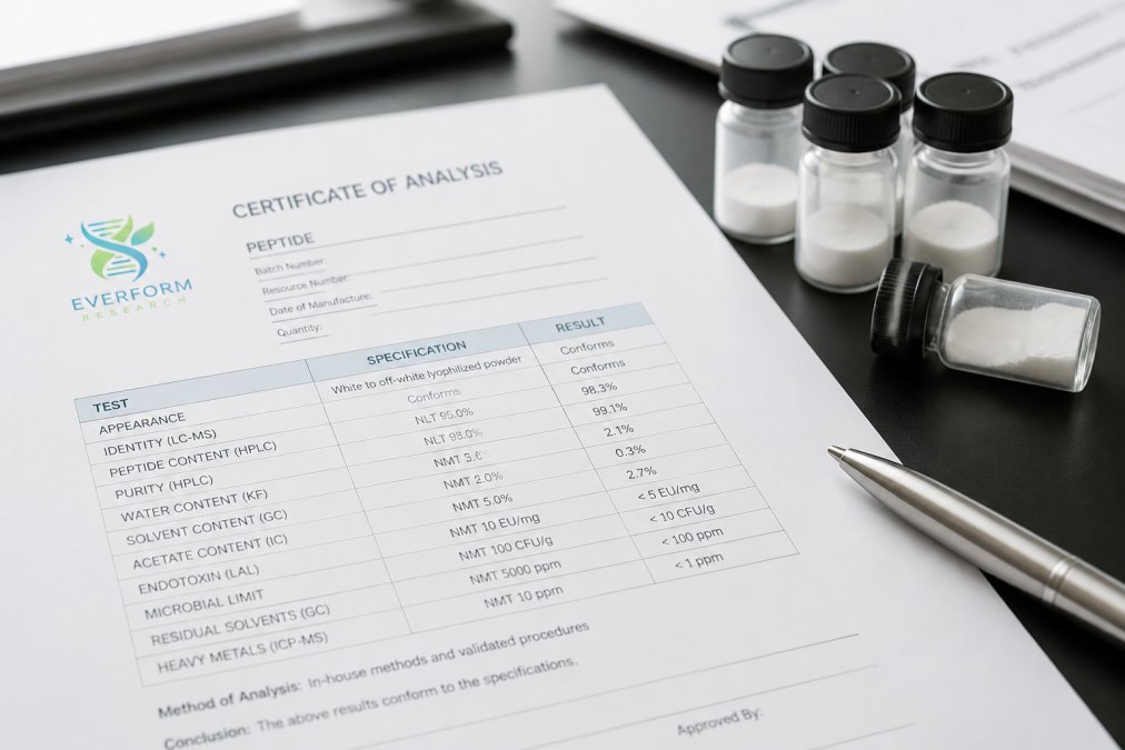 Close-up of a Certificate of Analysis document with detailed laboratory results and quality testing data displayed on white paper, with peptide sample vials and a pen visible on a professional desk under office lighting