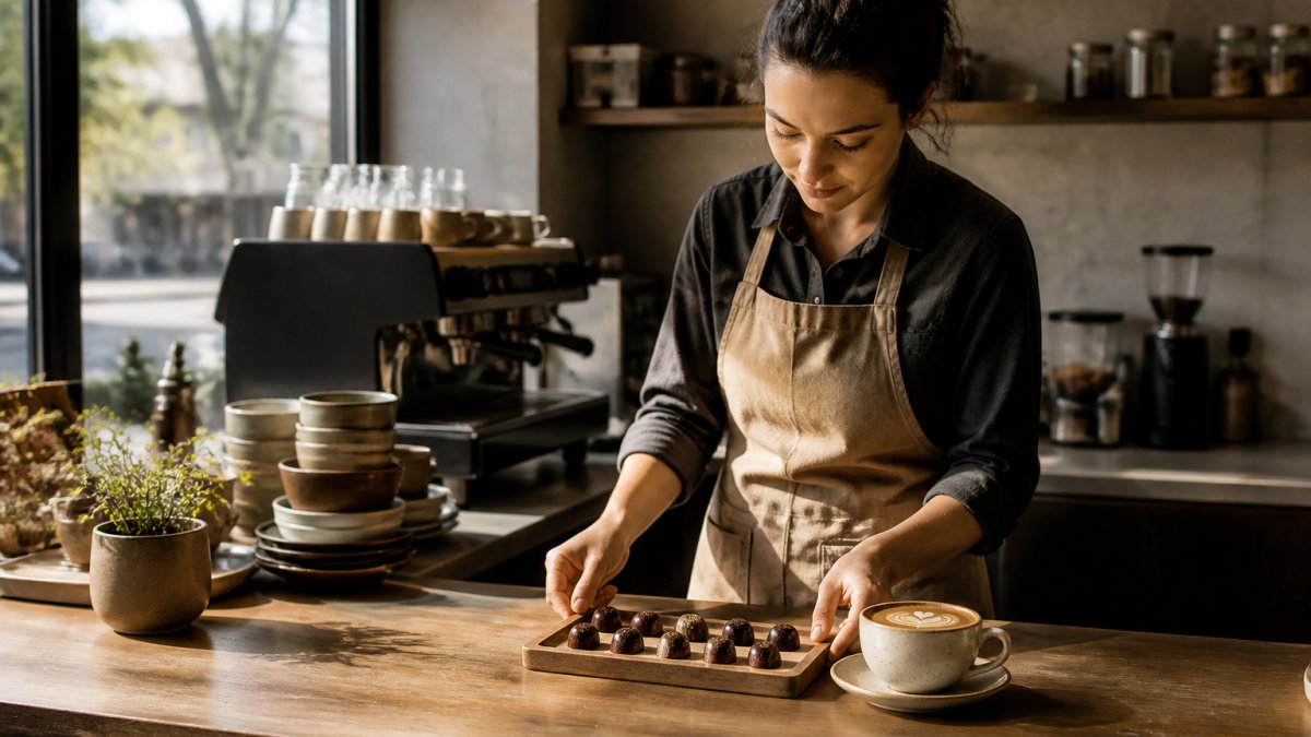 A cafe counter with a barista in an apron arranging a tray of chocolate bonbons and a cup of mocha beside an espresso machine, warm morning light through the window