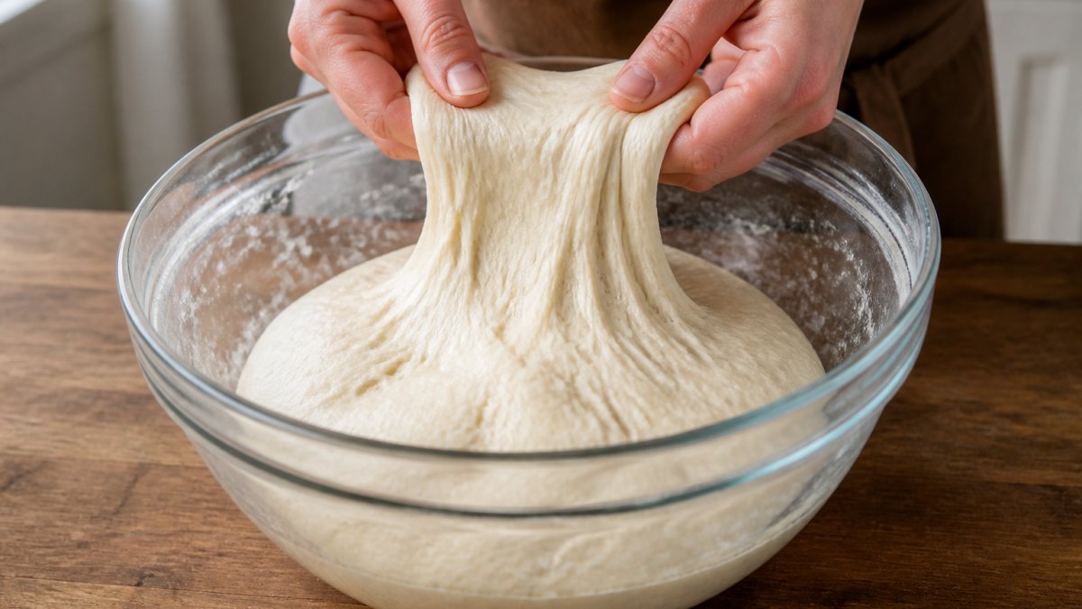 Close-up of hands performing a stretch and fold technique on sourdough dough in a clear glass bowl, showing the dough's texture and the upward motion of the fold