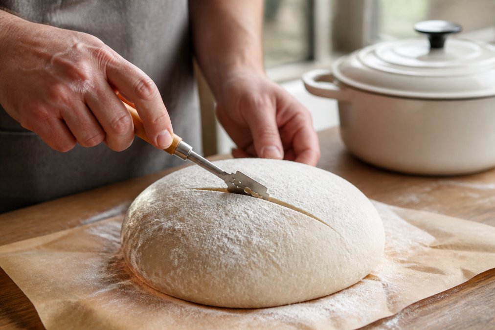 Hands holding a bread lame at a 30-degree angle to score a round sourdough bread making loaf for the oven.