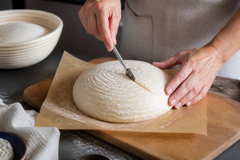 Close-up of hands holding a retractable bread lame at a 30-degree angle, scoring a proofed sourdough loaf with a confident, controlled motion in natural kitchen lighting
