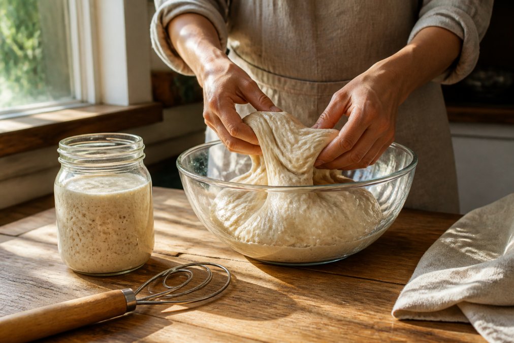 Hands folding dough in a glass bowl next to a bubbly starter and a whisk on a wooden kitchen counter