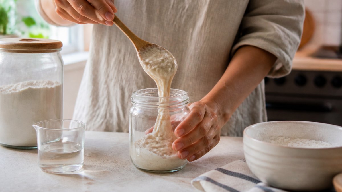 Hands spooning active sourdough starter into a clear glass jar with flour and water on a sunlit kitchen counter