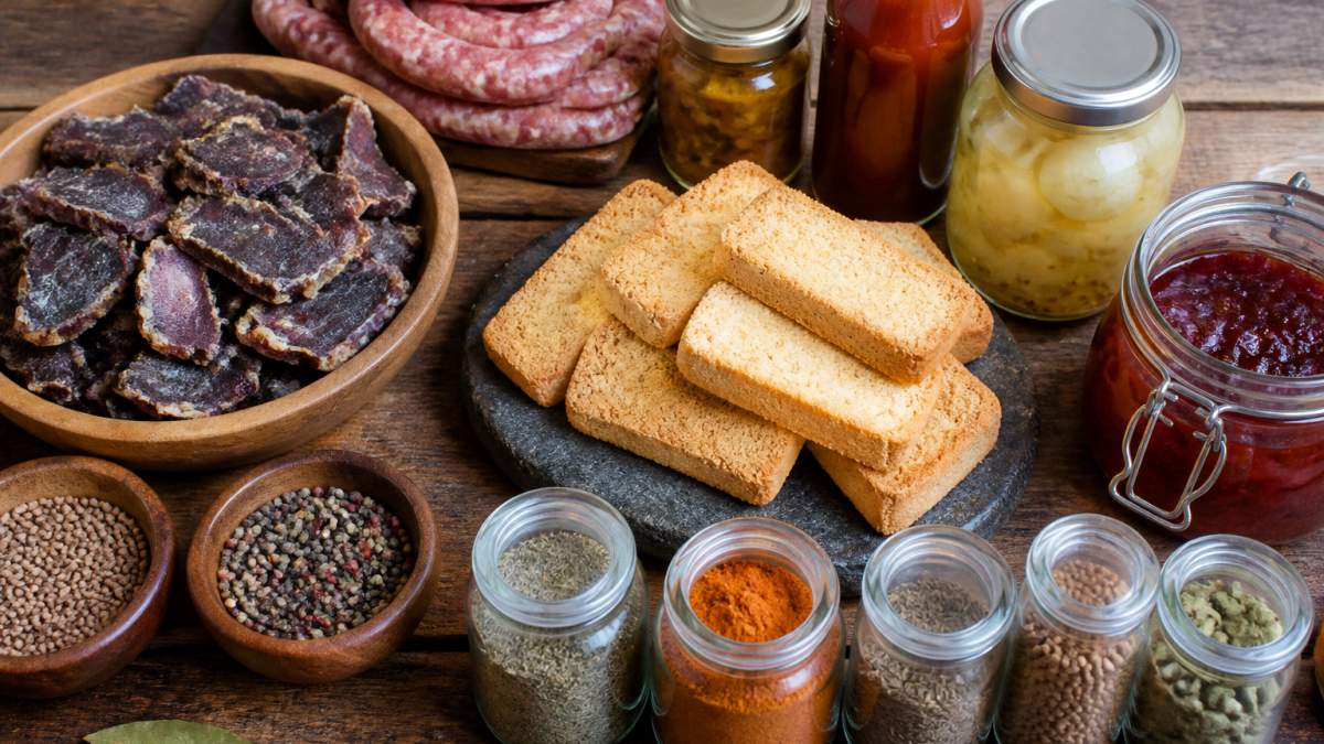 Overhead flat lay of traditional South African pantry items including biltong, rusks, jars of spices, boerewors, and sauces arranged on a wooden surface with warm natural lighting