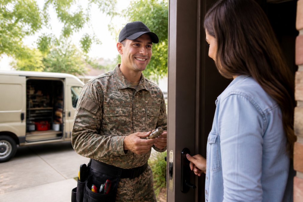 Professional locksmith technician in uniform standing at residential doorway with locksmith tools and equipment, demonstrating on-site service delivery in bright daylight