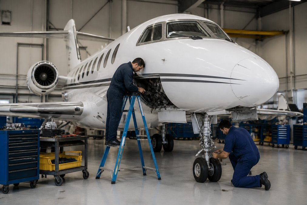 Aircraft mechanics in work uniforms performing detailed maintenance on a business jet in a hangar, with diagnostic equipment and tools visible in organized workspace