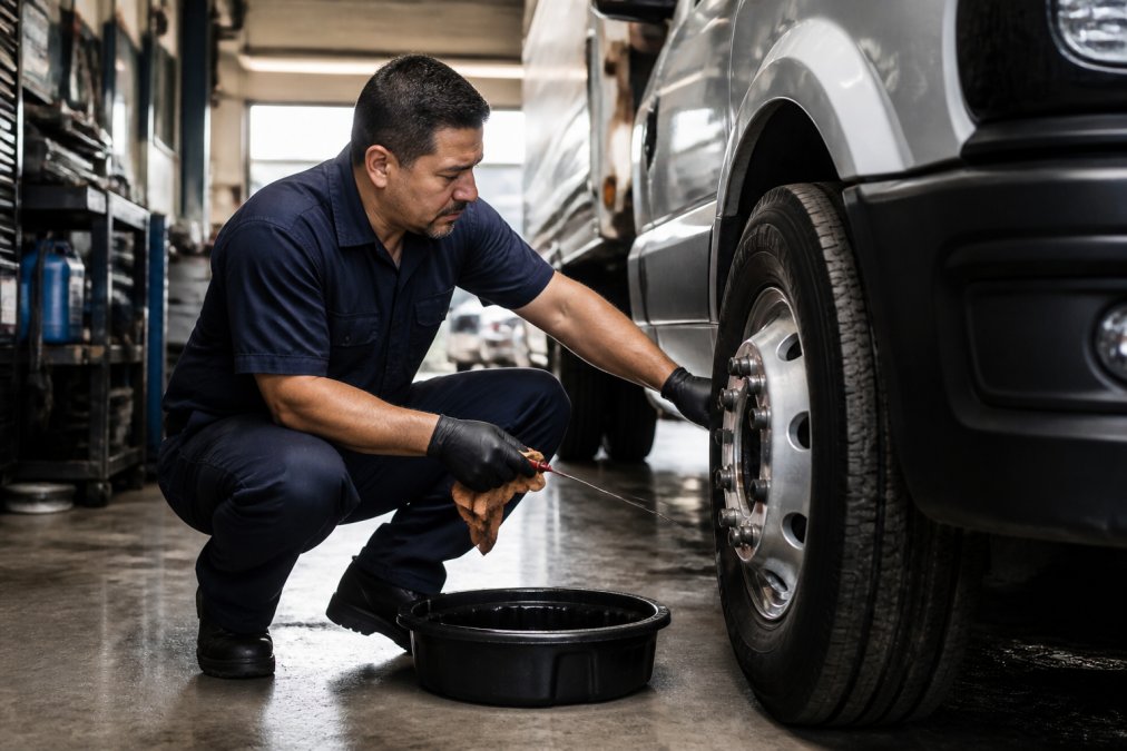 Professional fleet technician performing routine vehicle inspection in modern maintenance facility, checking fluid levels and tire condition with diagnostic equipment visible in background
