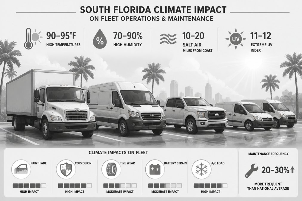 Fleet of commercial vehicles parked under bright South Florida sun with palm trees in background, showing effects of heat and humidity on vehicle exteriors and salt-laden air environment