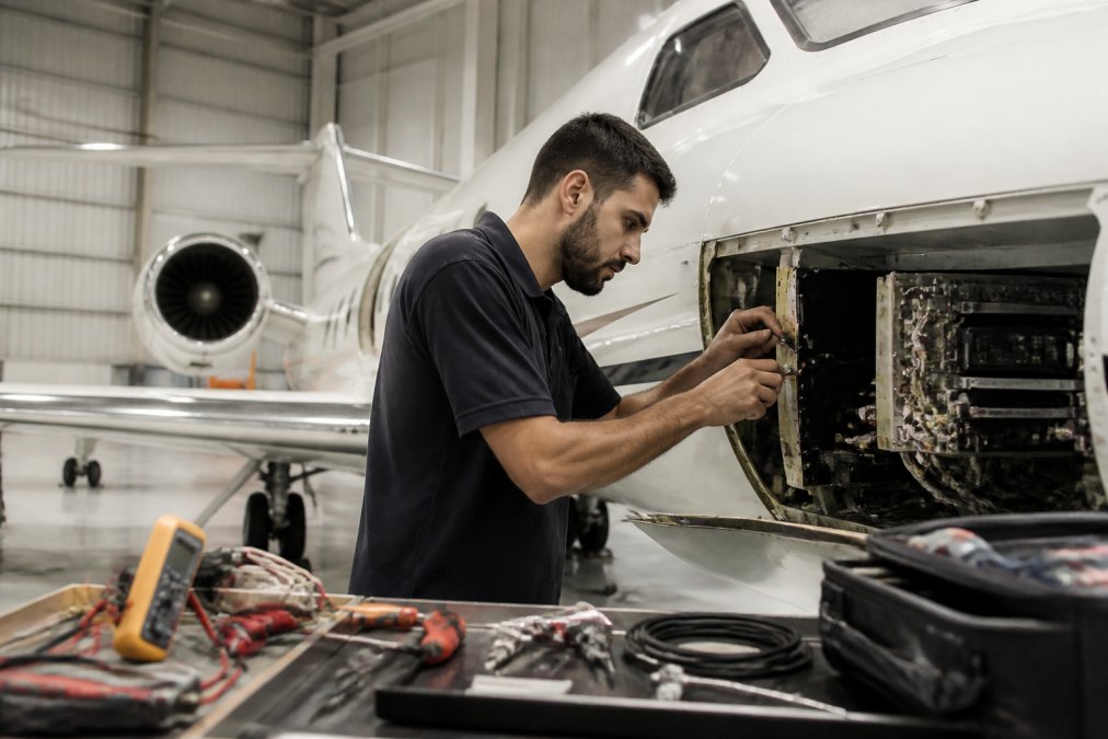 Experienced technician in professional uniform performing diagnostic work on aircraft avionics equipment in well-lit modern hangar with specialized tools visible on workbench