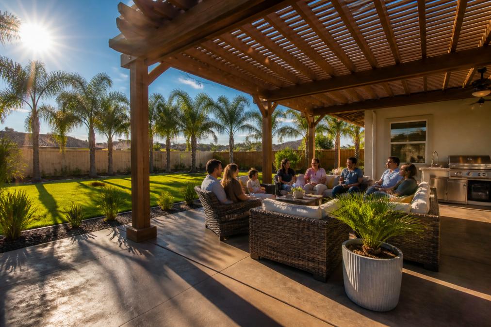 Spacious backyard with timber frame pergola providing dappled shade over comfortable outdoor seating area, hot Texas sun visible in background, family gathering space