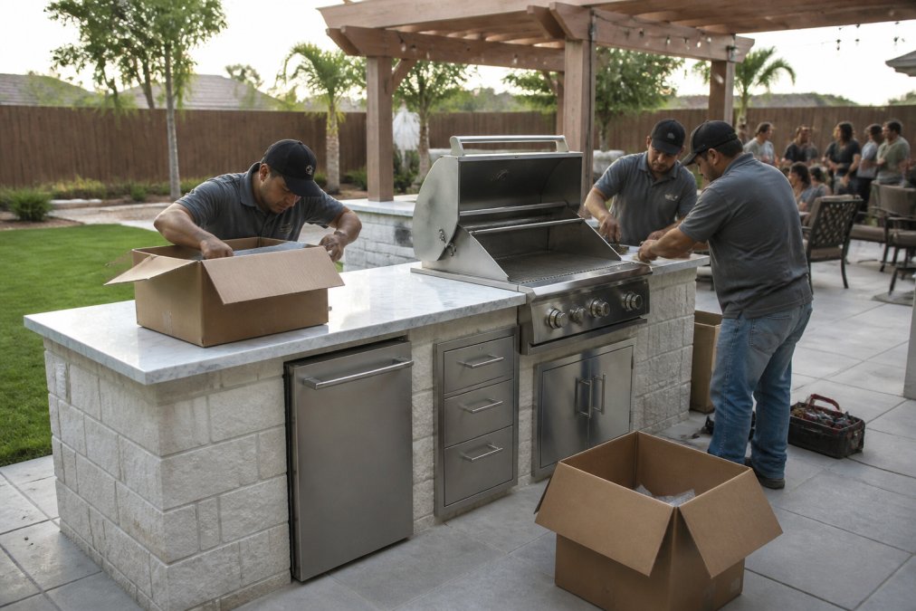 Finished outdoor kitchen with built-in grill, stone countertops, stainless steel appliances, people preparing food and entertaining guests nearby under pergola shade