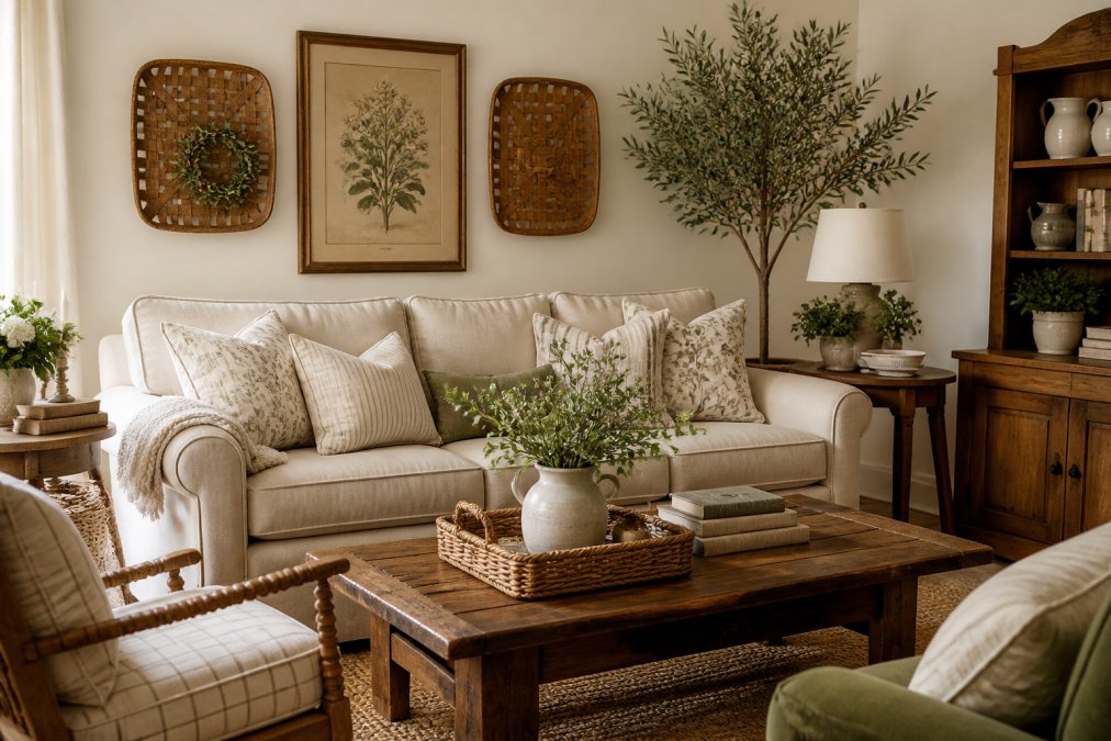 Cozy farmhouse living room styled with vintage-inspired decor, including throw pillows, wall art, decorative baskets, and rustic wooden furniture arranged around a neutral-toned sofa with warm natural lighting