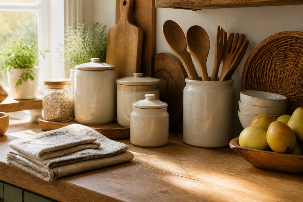 Organized kitchen counter with carefully curated home essentials including ceramic containers, natural linen textiles, and decorative items arranged for both function and aesthetics with soft morning light