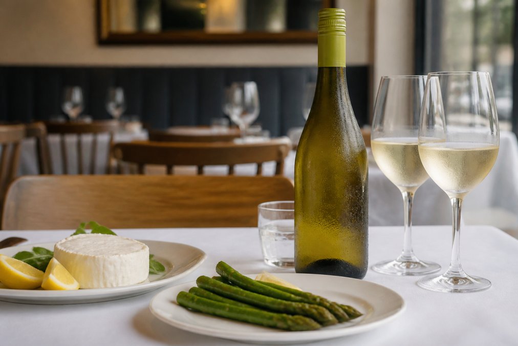 Chilled bottle of Sauvignon Blanc displayed on a white tablecloth with fresh goat's cheese, lemon wedges, and green asparagus arranged nearby in a restaurant setting