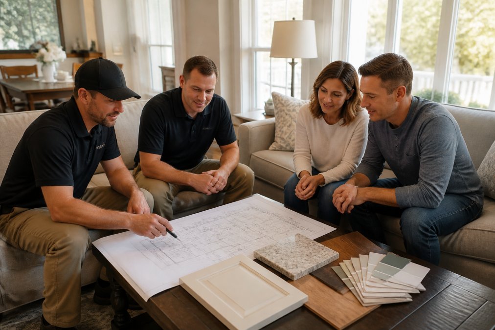 Professional contractor team discussing renovation plans with homeowners in a living room during a consultation, reviewing blueprints and design samples on a coffee table with natural afternoon light streaming through windows