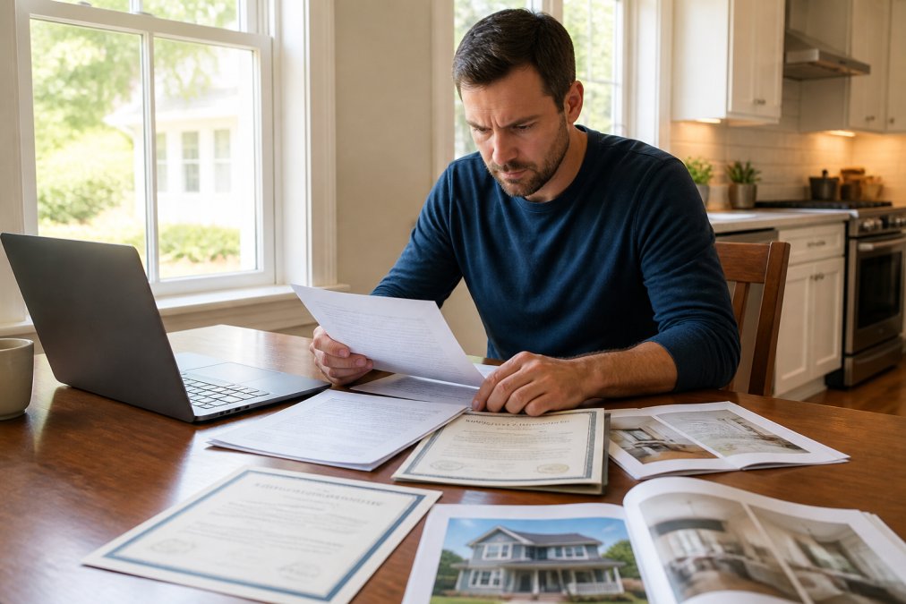 Homeowner reviewing contractor credentials and documents at a kitchen table with a laptop and paperwork spread out, including licenses, insurance certificates, and project portfolios with natural window light