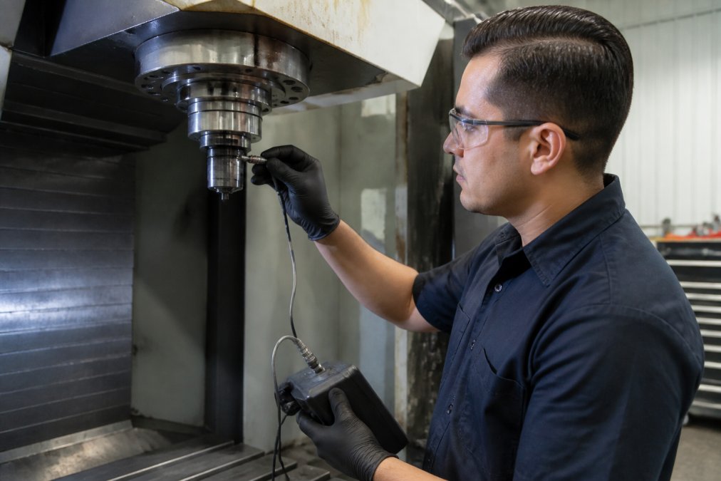 Factory-trained technician in work uniform performing diagnostic testing on a CNC machine spindle in an industrial shop setting with precision instruments and diagnostic equipment visible