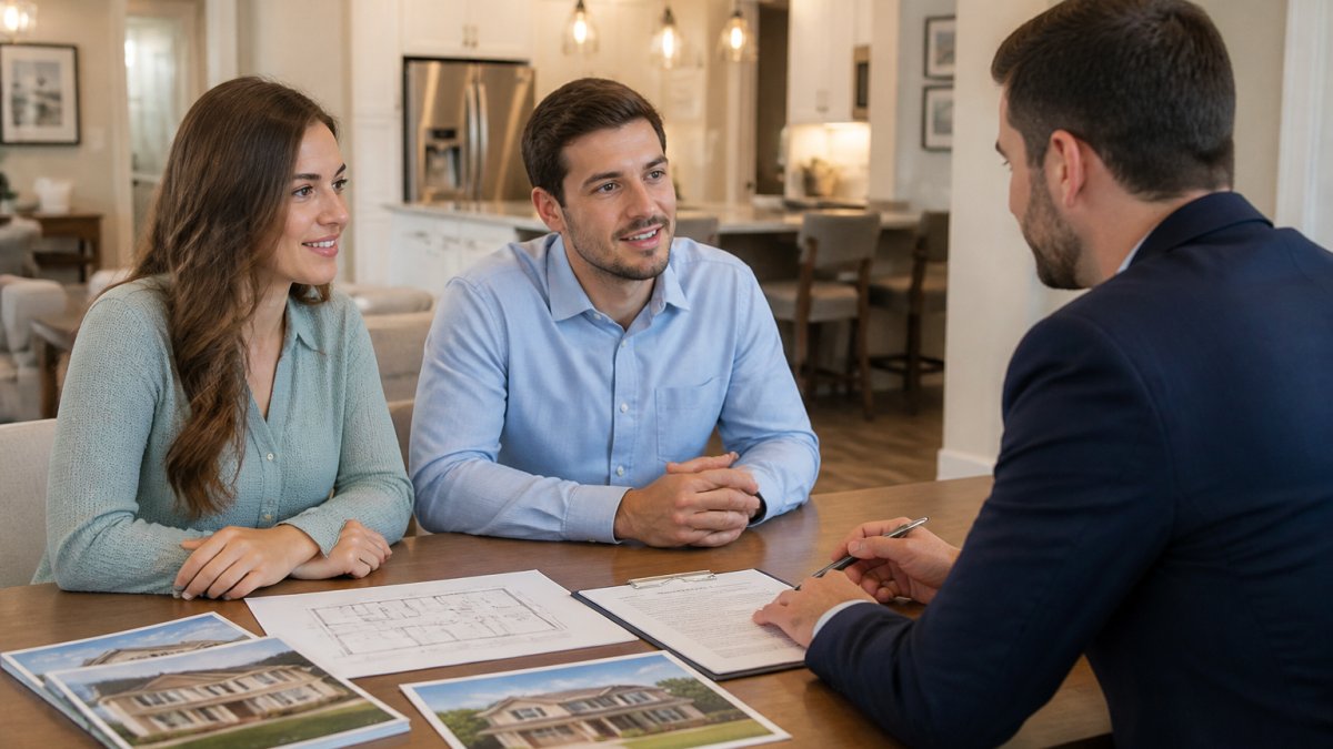 A couple sitting across a desk from a home builder representative in a model home sales office, contract papers and floor plan brochures spread on the table, both parties mid-conversation