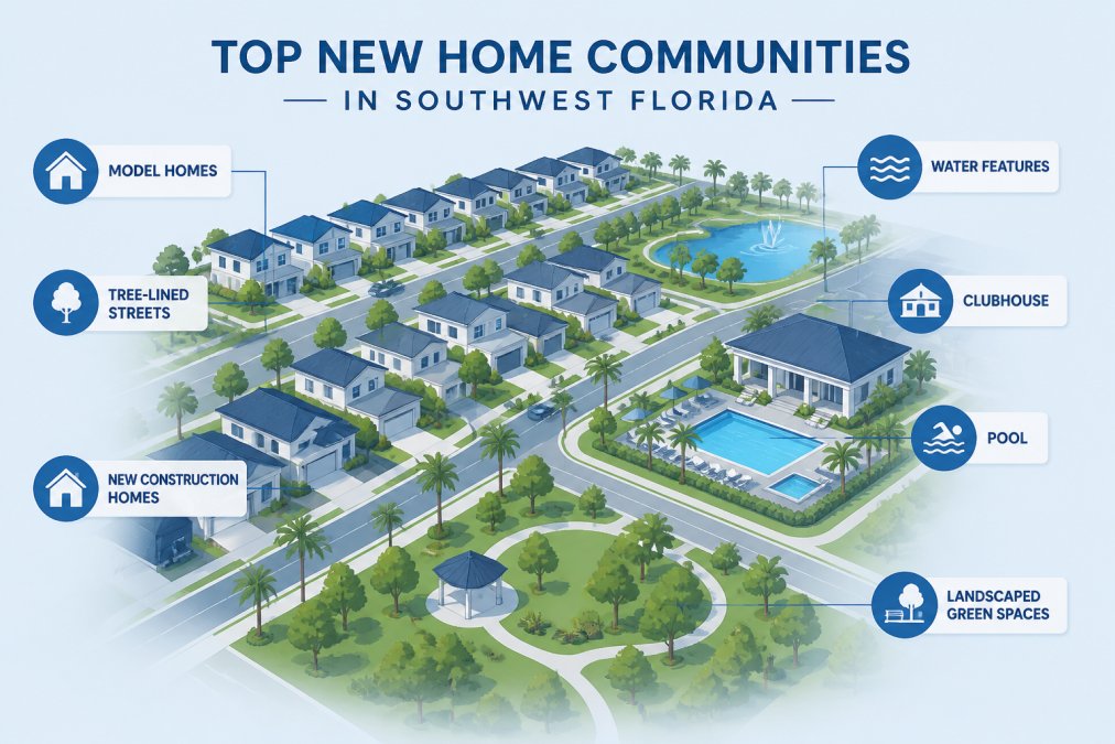 Aerial map of master-planned community amenities and new construction homes in Southwest Florida