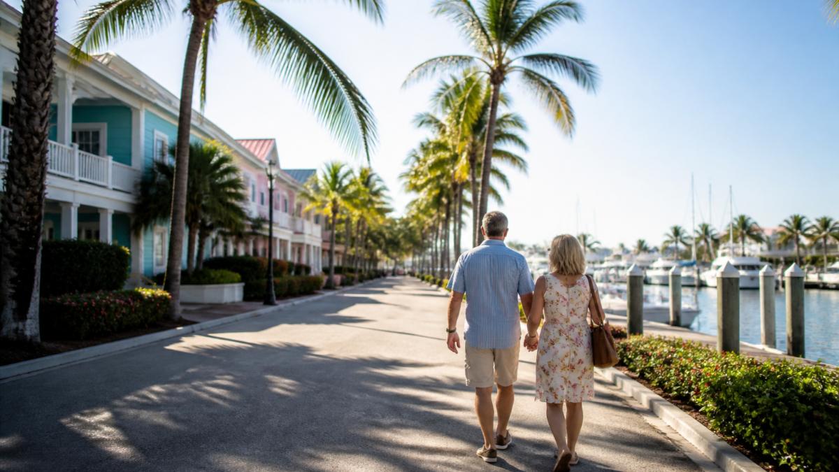 A couple walks along a sunny, palm-lined waterfront street in a coastal town, a key feature of Southwest Florida real estate.