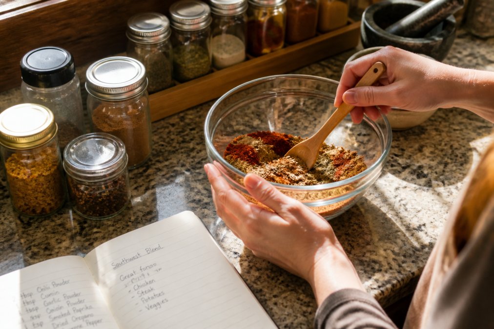 Hands mixing spices in a glass bowl with a wooden spoon, with an open notebook showing handwritten measurements and recipe notes, surrounded by labeled spice containers on a kitchen counter with natural light streaming across the workspace