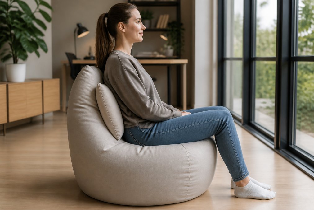Personne assise confortablement sur un pouf avec soutien lombaire bien visible, démontrant une posture droite et équilibrée avec le dos naturellement soutenu, dans un espace de travail lumineux avec fenêtres