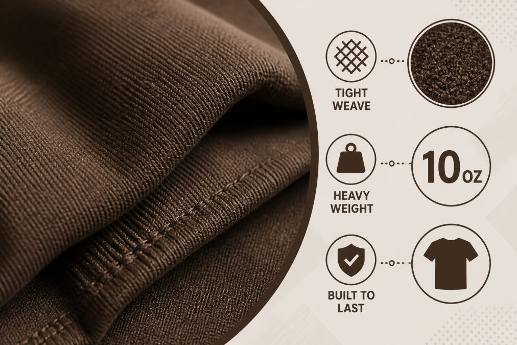 Close-up of premium heavy-weight cotton blend fabric showing tight weave pattern and substantial texture, natural daylight highlighting fabric durability and quality construction