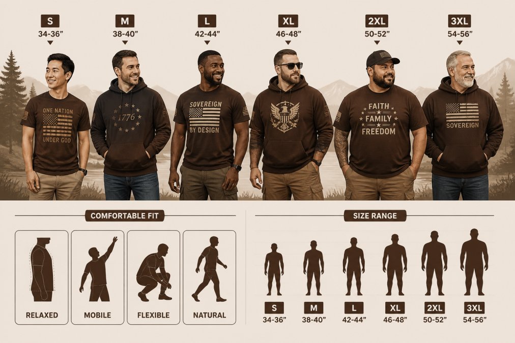 Diverse group of men wearing patriotic hoodies and t-shirts in various sizes, demonstrating comfortable fit and movement in casual outdoor setting, showing real-world styling on different body types