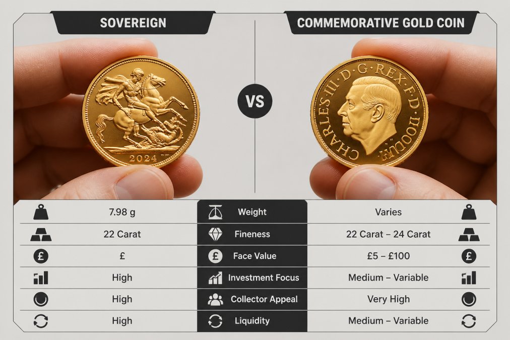 Close-up of a hand holding two gold coins side by side, showing the contrast between a traditional sovereign with St George and the Dragon design and a commemorative coin featuring a monarch portrait, natural lighting highlighting the gold finish and surface details