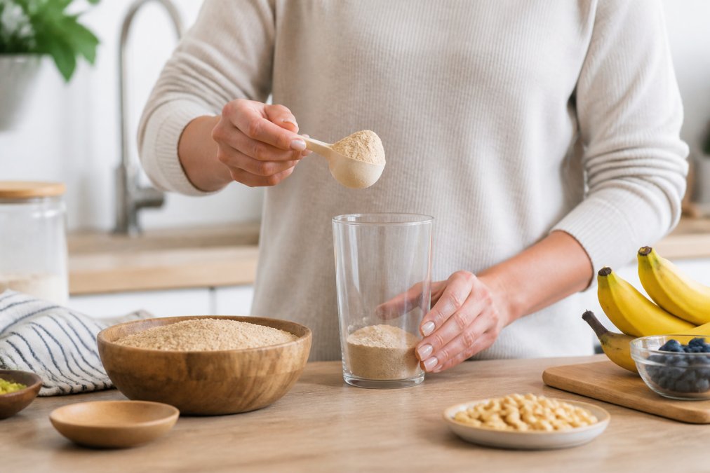 A close-up of a person's hands scooping unflavored plant protein powder from a simple bowl into a glass, with a calm kitchen setting and fresh whole ingredients nearby