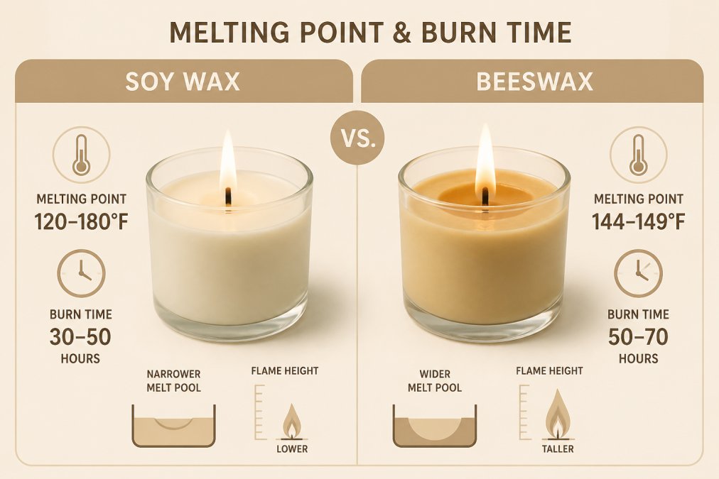 Close-up of two lit candles side by side burning at different rates, one with a clean flame and one with a wider melt pool, showing visible differences in burn behavior and flame height
