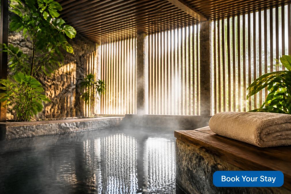 A serene indoor thermal pool area with steam rising gently, soft natural light filtering through timber slats, stone surrounds and a folded towel on a warm bench, no people visible