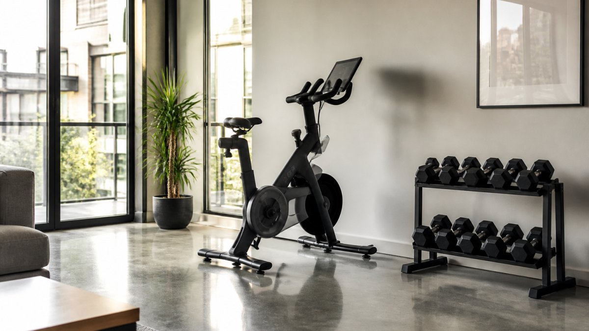 Stationary bike and minimalist dumbbell rack in a sunlit modern apartment living room with concrete floors