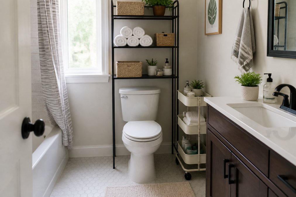 Over-the-toilet shelving unit with rolled towels and a slim rolling cart in a bright, organized small bathroom.