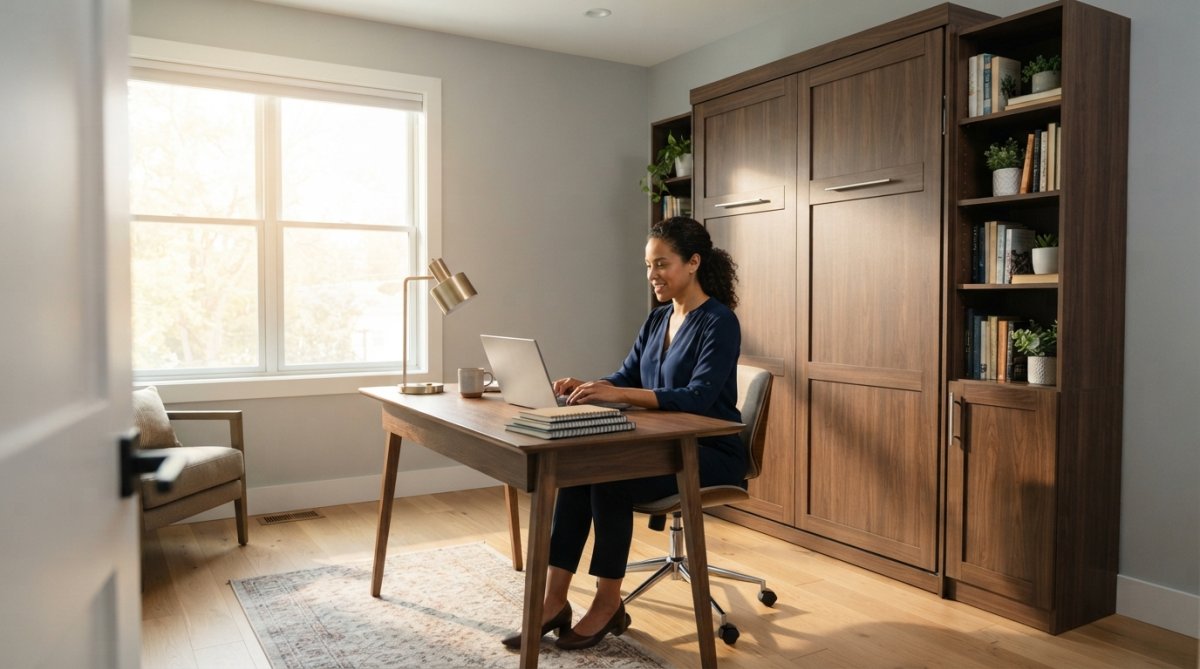 Elegant Murphy bed cabinet in a bright room, showcasing a smart space-saving bedroom design with minimal floor clutter.